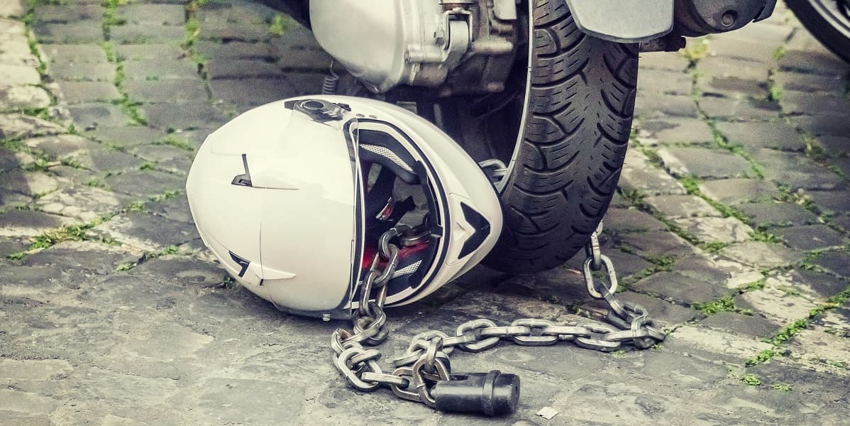 motorcycle helmet chained to motorcycle