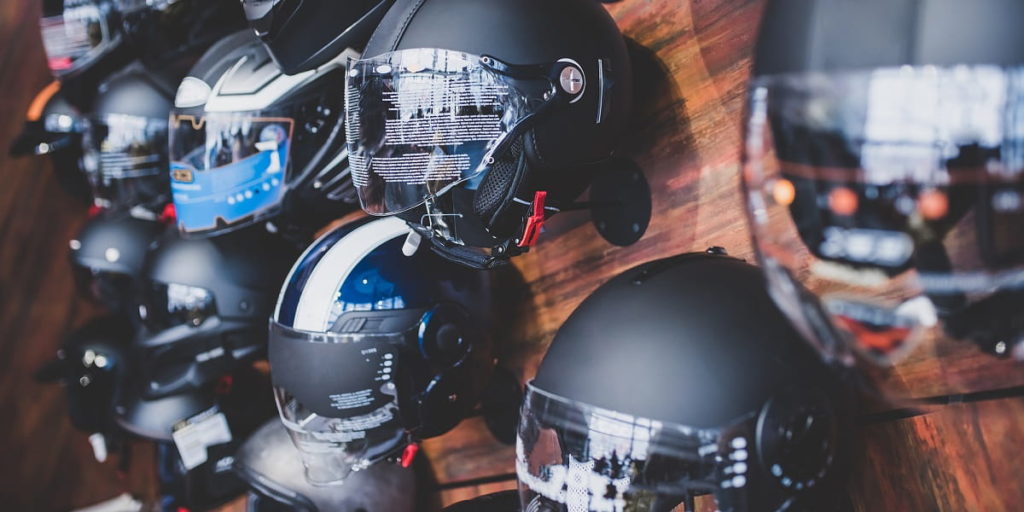 motorcycle helmets on wall
