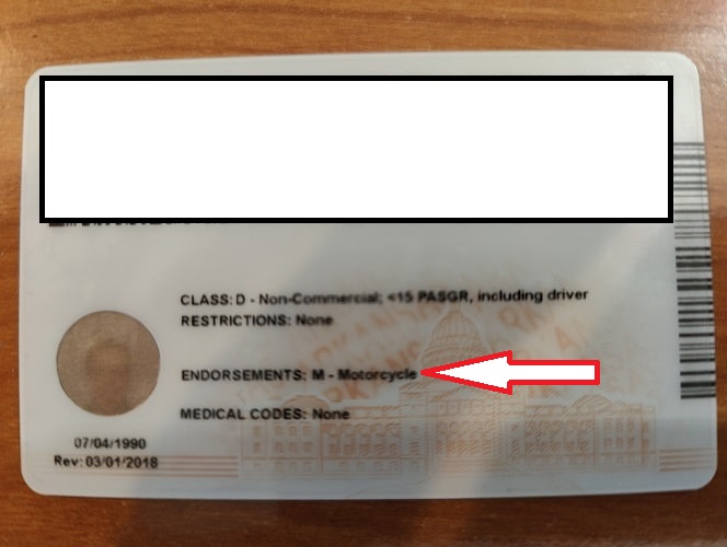 motorcycle licence showing endorsement