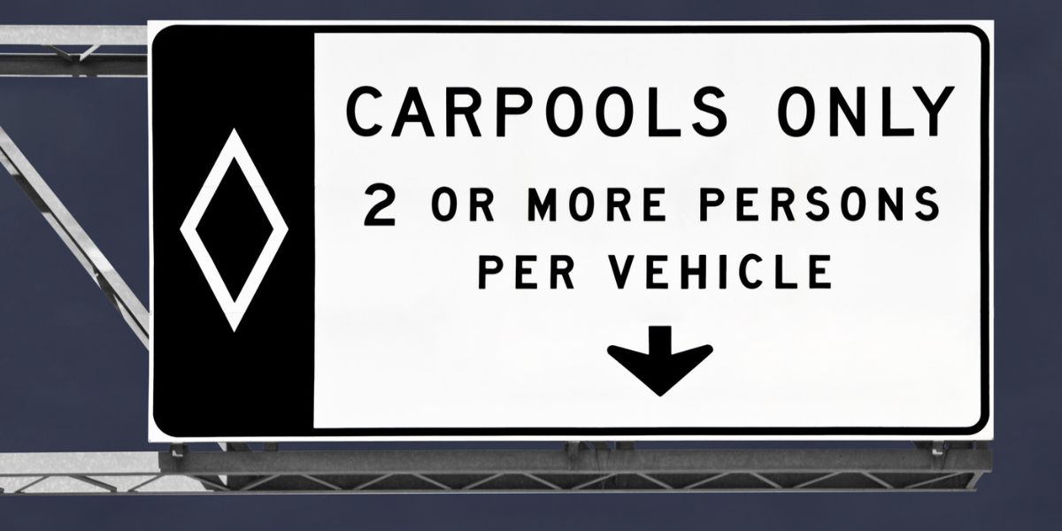 Overhead Freeway Carpool Only Sign with Storm Sky