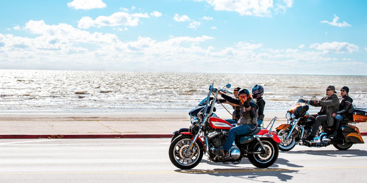 Bikers cruise along the Seawall in Galveston during the Lone Star Rally in Galveston Texas